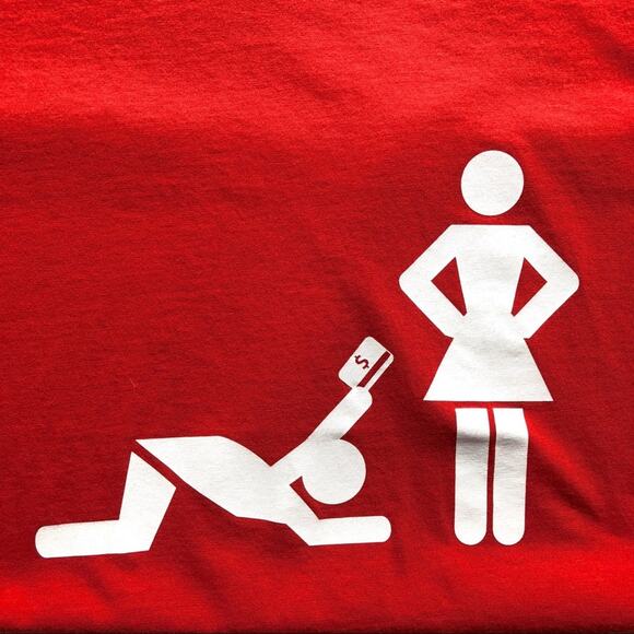 Rhetoric Red White Financial Comedy Shop Crew Neck Fitted Graphic T Shirt Top - Picture 4 of 4